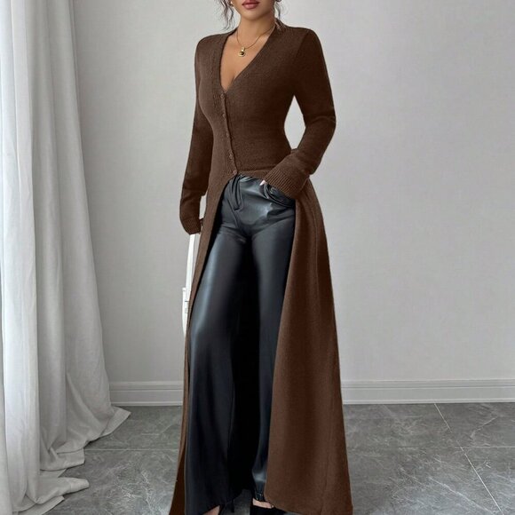 Coffee Brown Women's Elegant Casual Cardigan - Picture 5 of 6